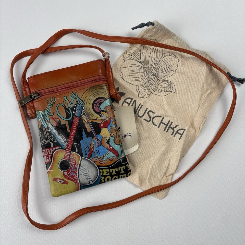 ANUSCHKA Hand Painted Leather Slim Crossbody Phone Organizer Bag Music City